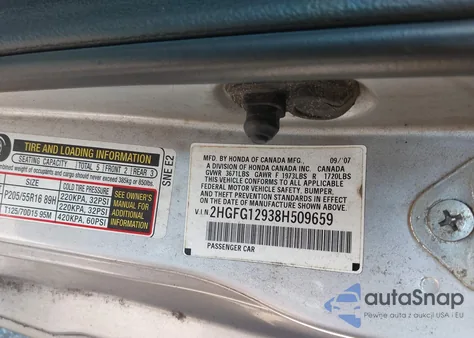 2008 Honda Civic Ex-L z USA, uszkodzony, nr VIN 2HGFG12938H509659